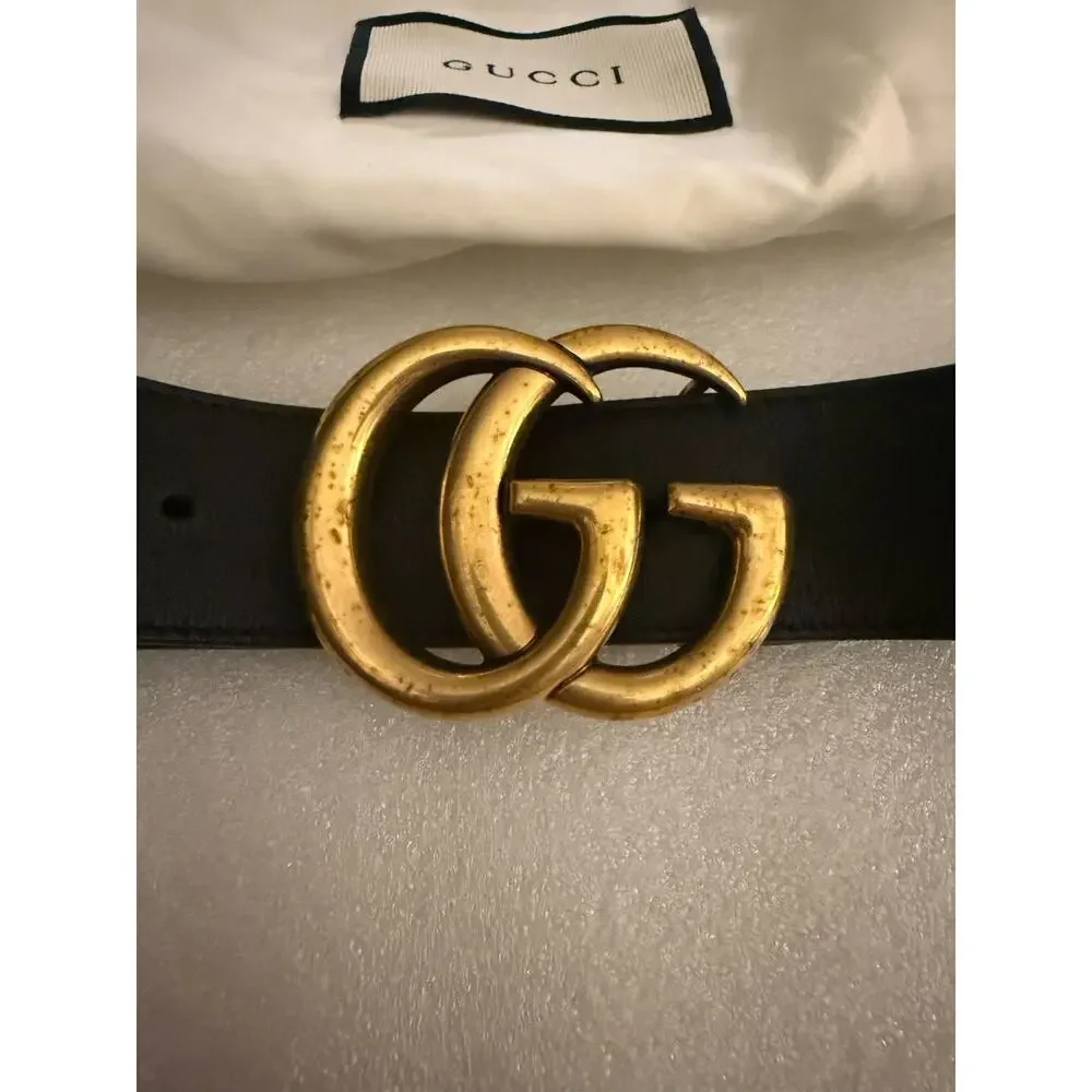 Authentic Gucci Black Belt GG Logo Buckle Gold Size 85/34 fits M/L